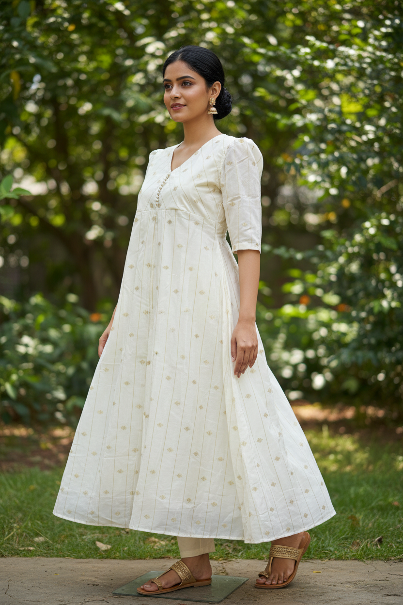Cream A-Line Kurti Side Pose Ethnic Wear Indian Model Outdoor