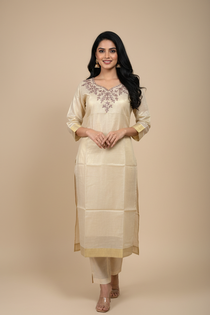 Cream Beige Embroidered Kurti - Elegant Pose