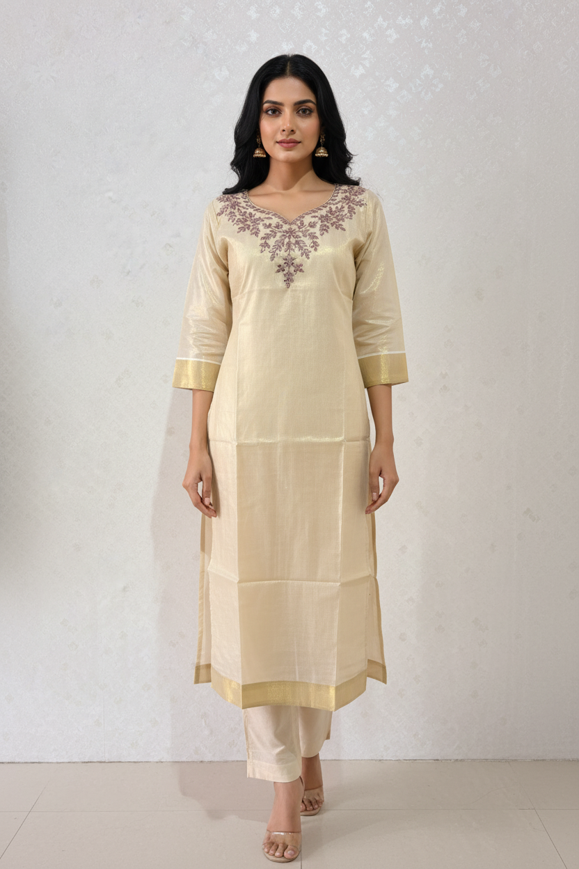 Cream Beige Embroidered Kurti - Front Pose