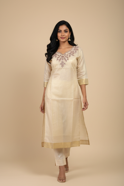 Cream Beige Embroidered Kurti - Walking Pose