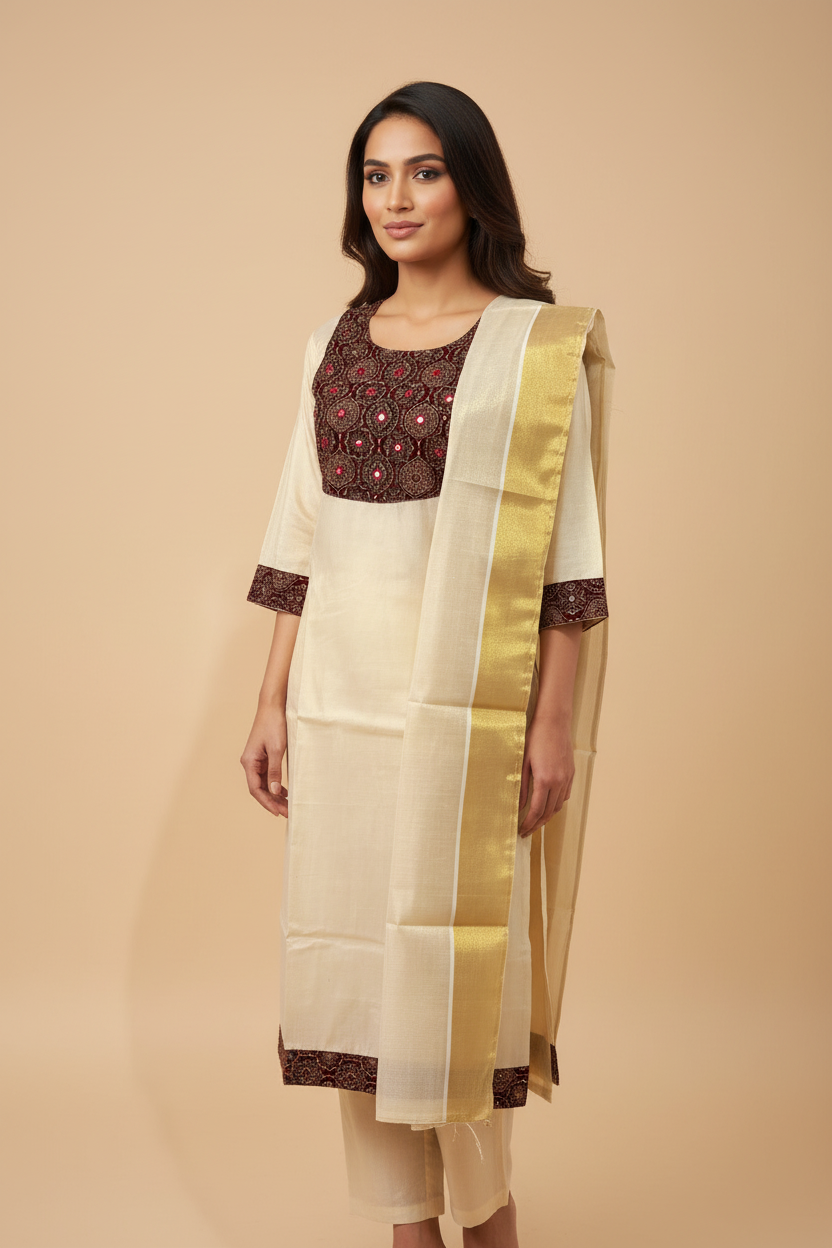 Cream Brown Kerala Kurti - Angled View