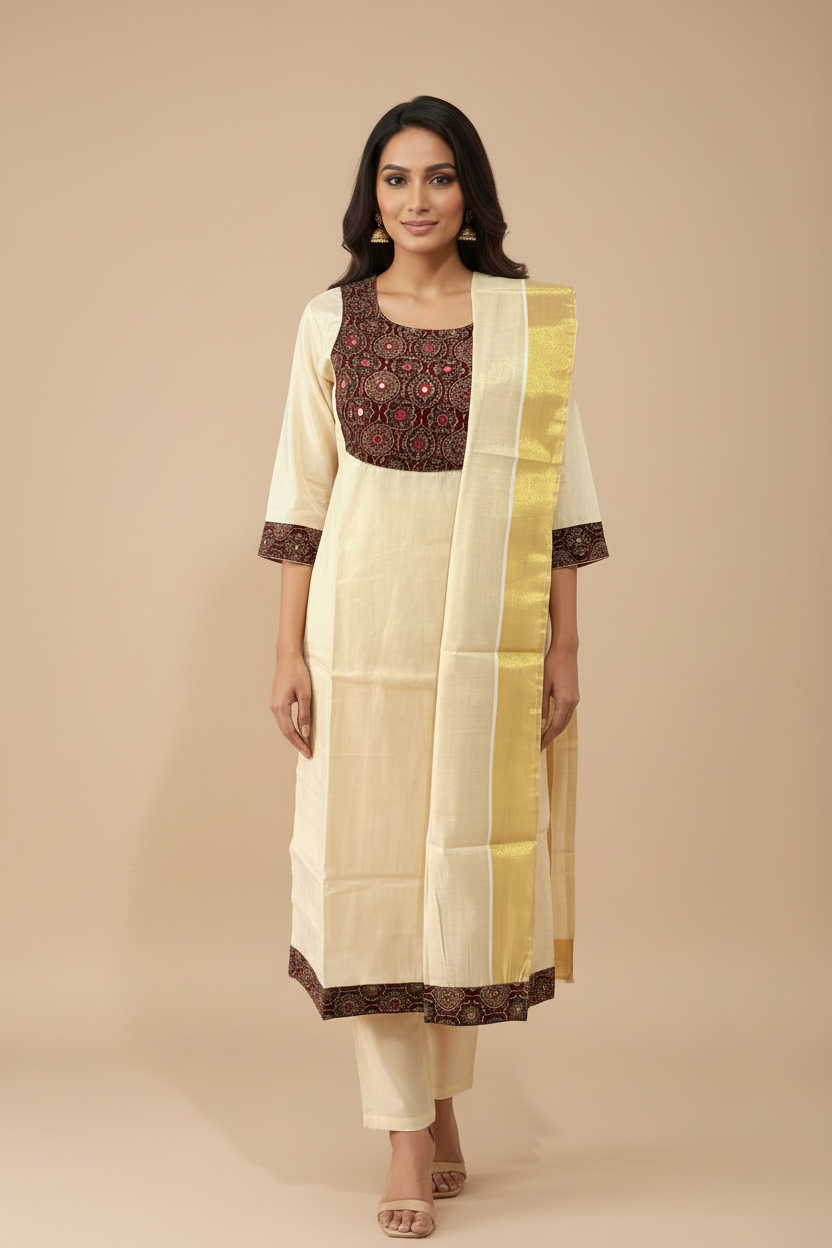 Cream Brown Kerala Kurti - Front View
