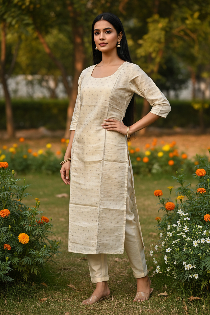 Cream Butti Kurti - 3/4 Angle