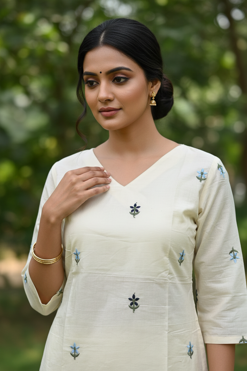 Cream Butti Kurti – Embroidery Detail