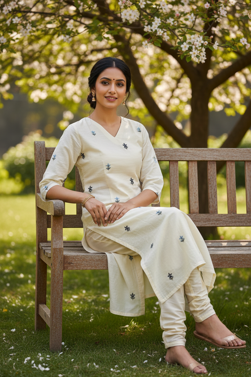 Cream Butti Kurti – Seated Pose