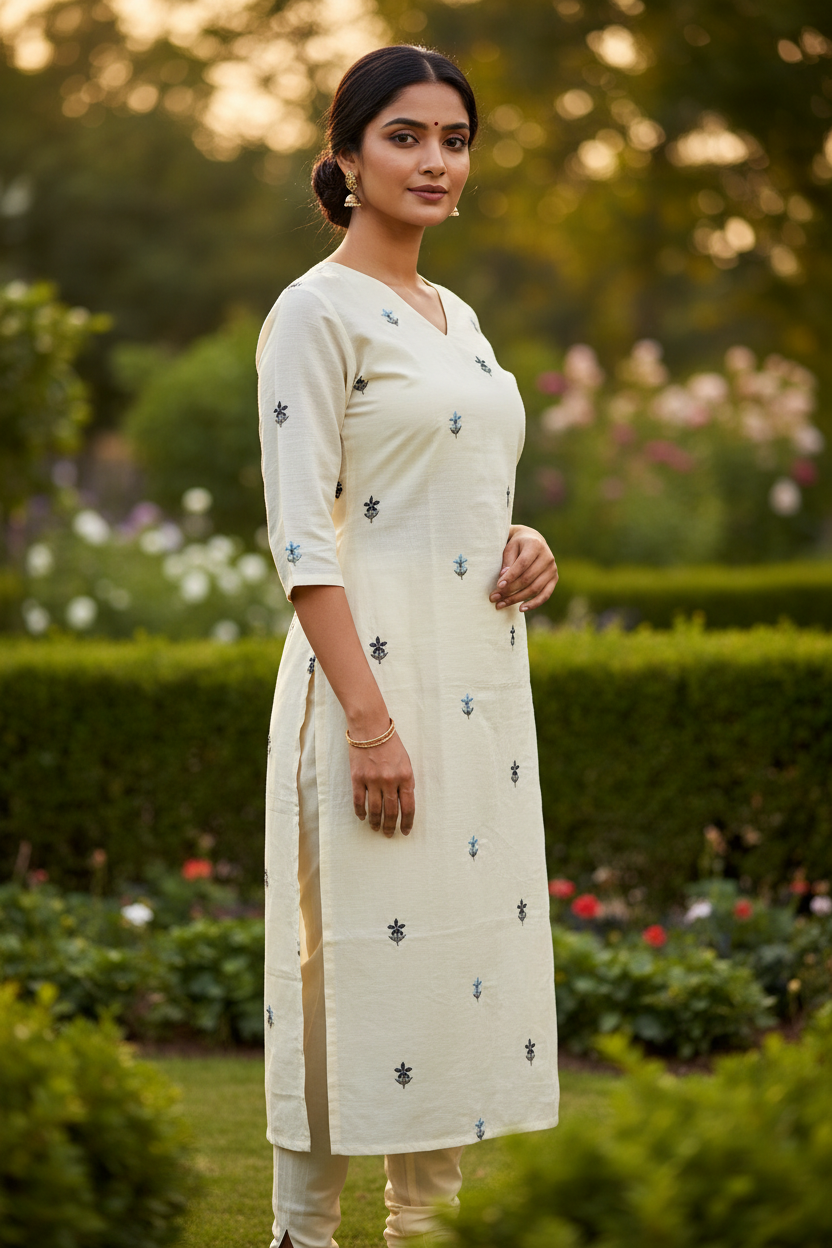 Cream Butti Kurti – Three Quarter