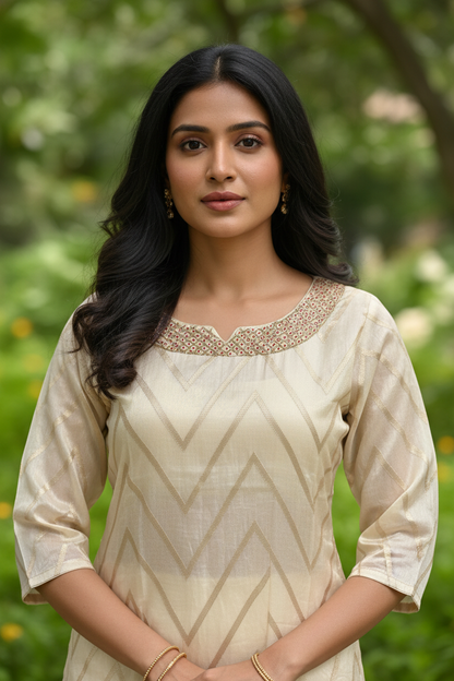 Cream Chevron Kurti – Neckline Detail