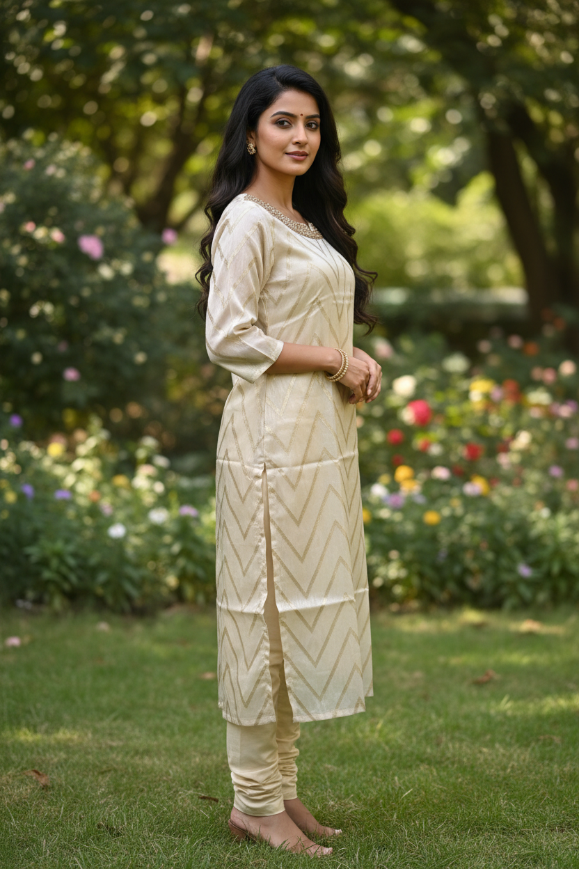Cream Chevron Kurti – Three Quarter Pose