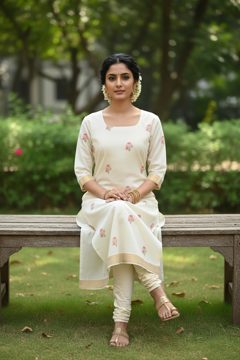 Cream Cotton Kasavu Boat Neck Kurti – Seated Garden Pose | Ethnic Wear