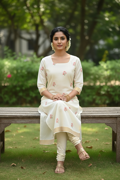 Cream Cotton Kasavu Boat Neck Kurti – Seated Garden Pose | Ethnic Wear