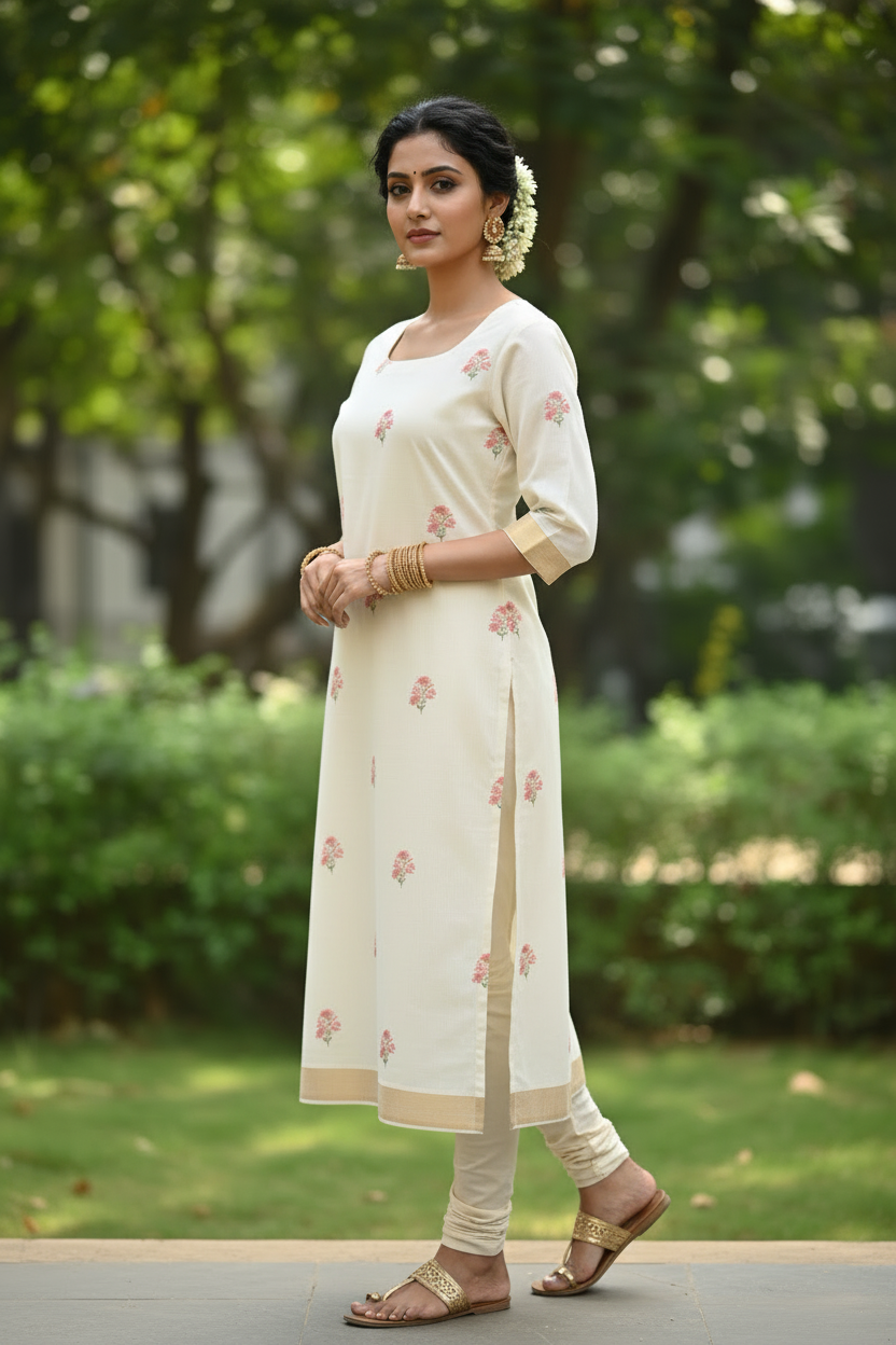 Cream Cotton Kasavu Boat Neck Kurti – Side Silhouette | Ethnic Wear Photography