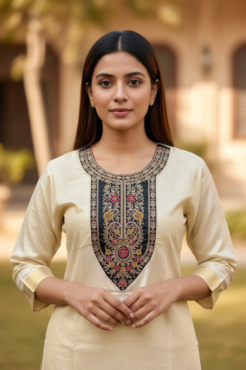 Cream Embroidered Yoke Kurti - Detail Close-up
