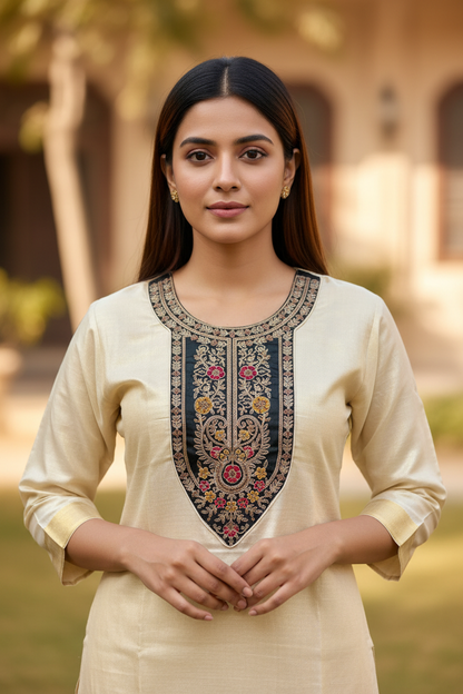 Cream Embroidered Yoke Kurti - Detail Close-up