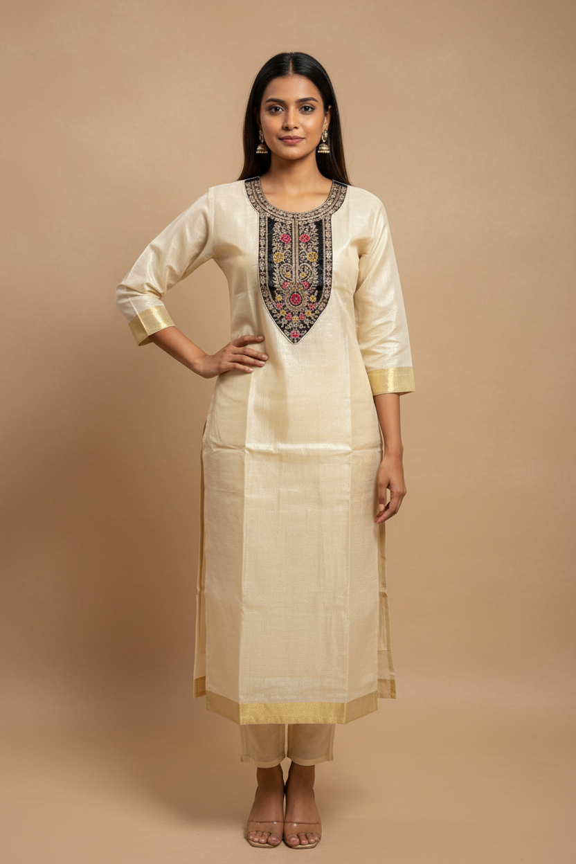 Cream Embroidered Yoke Kurti - Front Pose