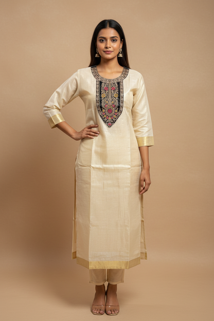 Cream Embroidered Yoke Kurti - Front Pose
