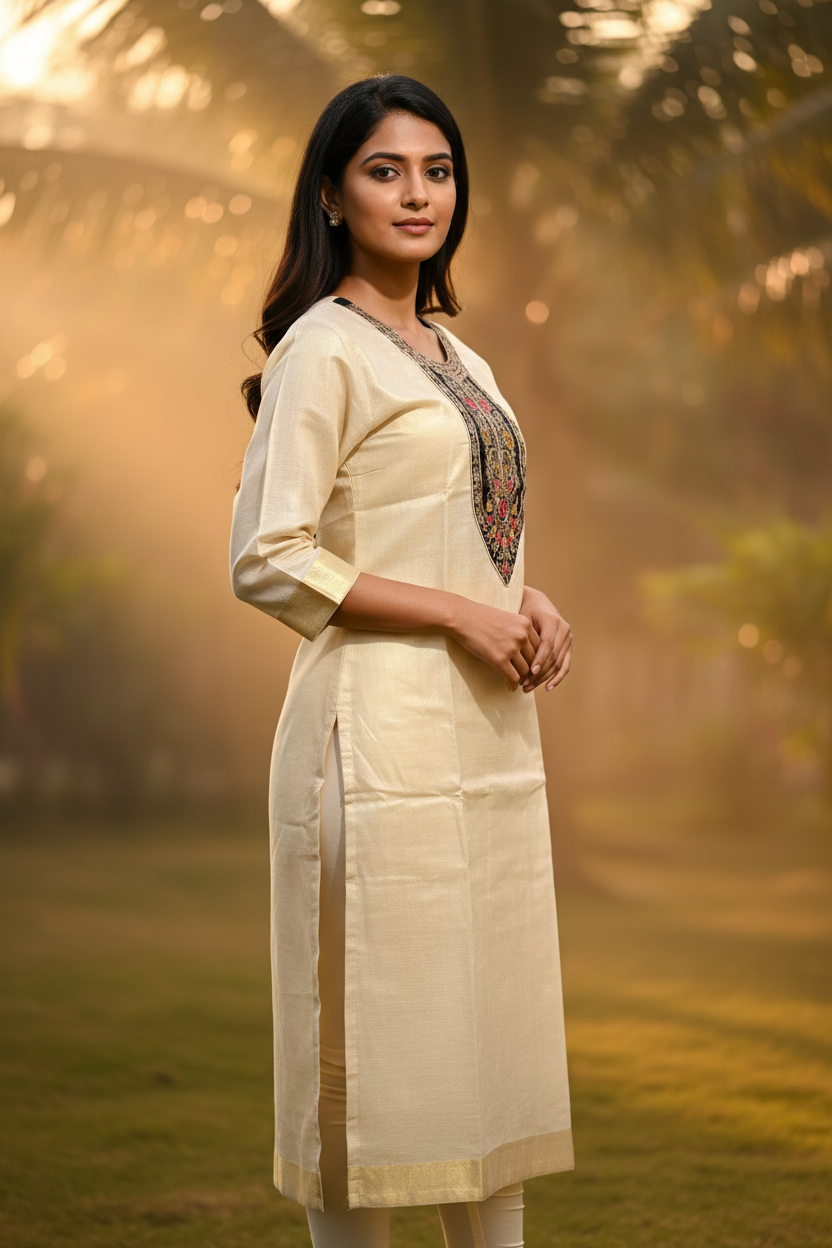Cream Embroidered Yoke Kurti - Side Pose