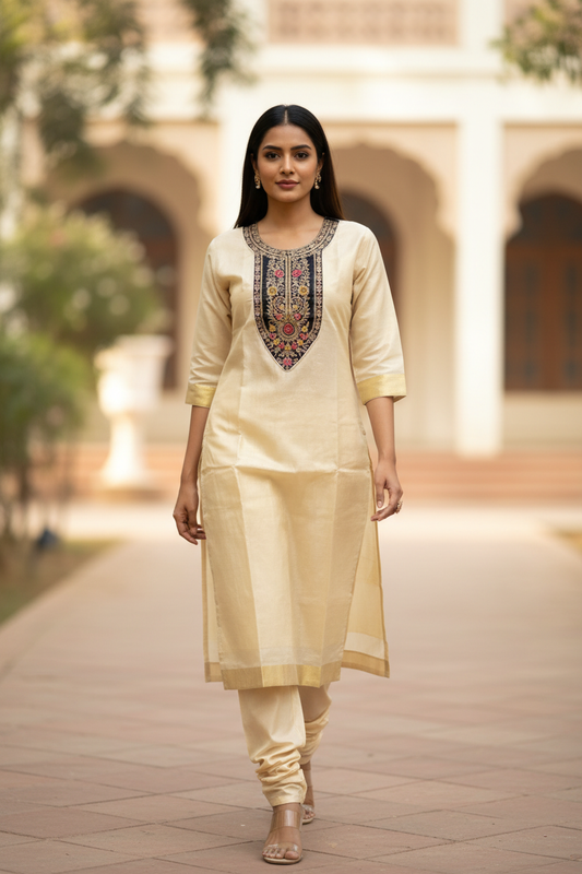 Cream Embroidered Yoke Kurti - Walking Pose