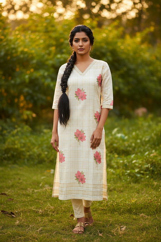Cream Floral Digital Print Cotton Kurti - Front View