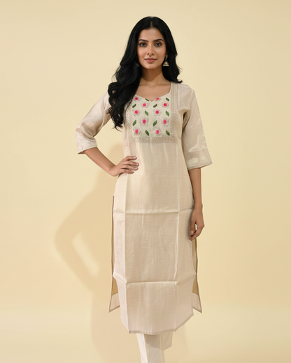 Cream Floral Embroidered Kurti - Front Pose