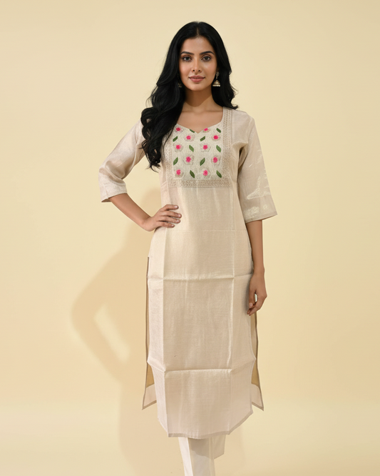 Cream Floral Embroidered Kurti - Front Pose