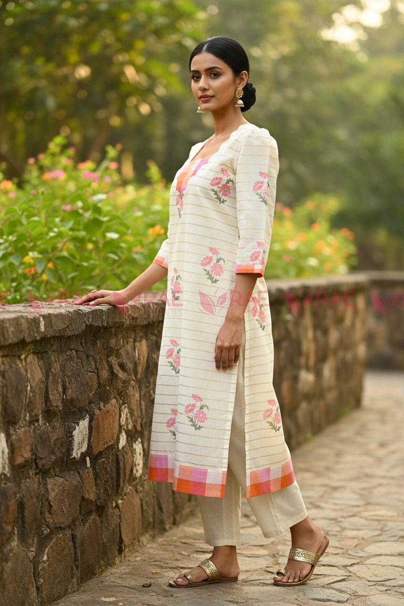 Cream Digital Print Cotton Kurti | Madras Check Scallop Yoke | Pink Floral | Slitted | 44 Inch