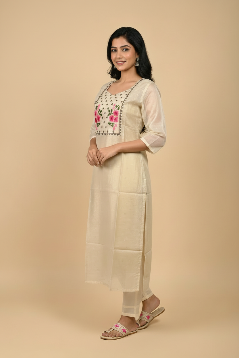 Cream Floral Kurti - Angled View