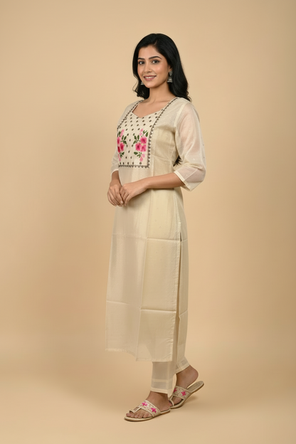 Cream Floral Kurti - Angled View