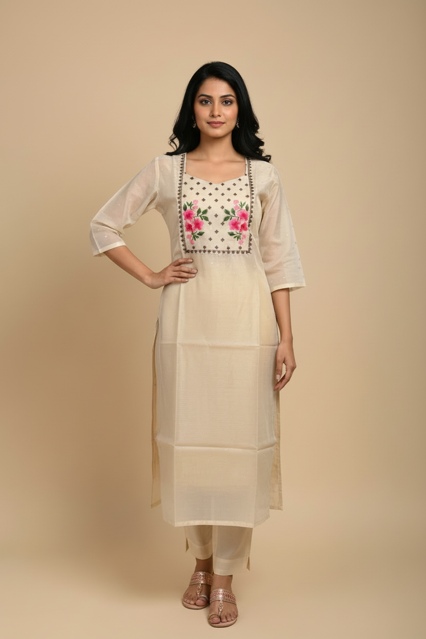Cream Floral Kurti - Front Pose