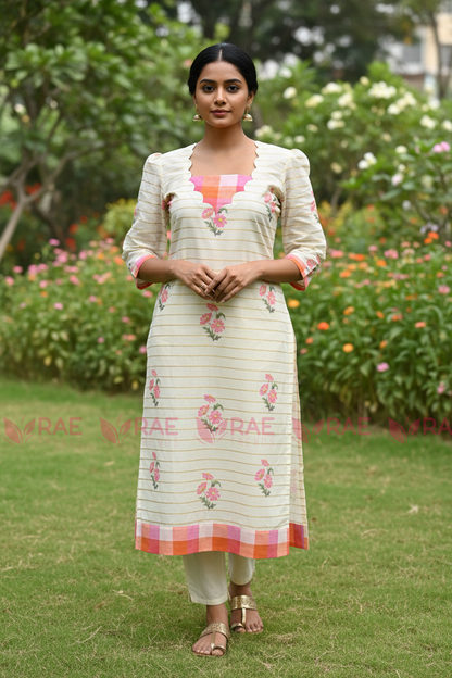 Cream Digital Print Cotton Kurti | Madras Check Scallop Yoke | Pink Floral | Slitted | 44 Inch