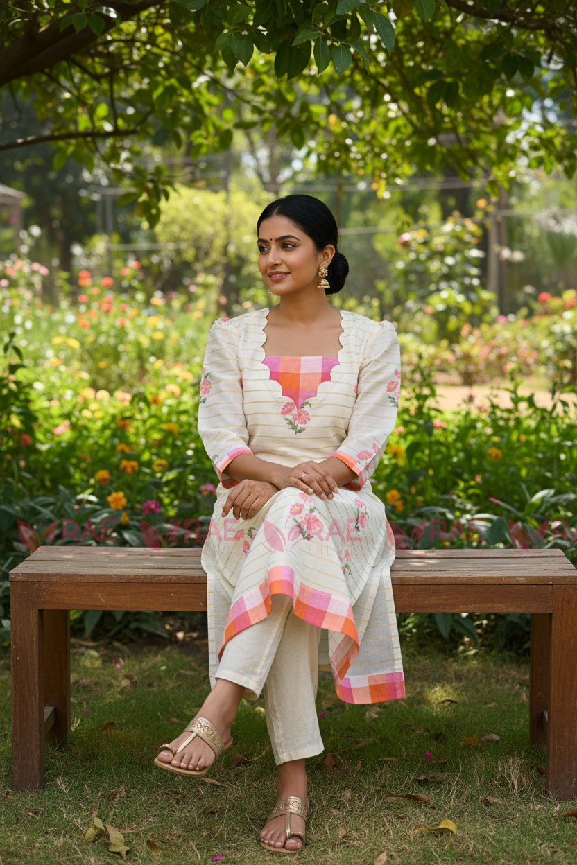 Cream Digital Print Cotton Kurti | Madras Check Scallop Yoke | Pink Floral | Slitted | 44 Inch