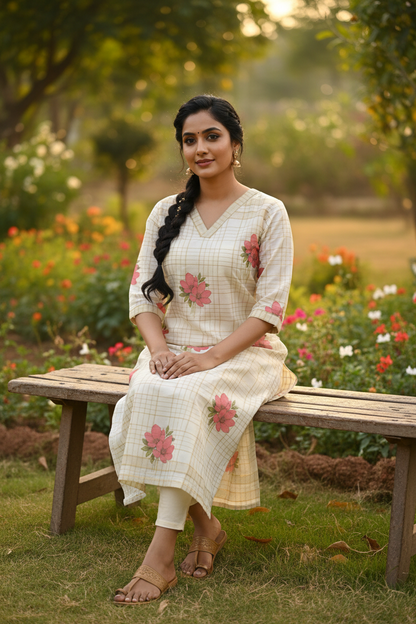 Cream Floral Kurti Seated Garden Pose - Ethnic Wear Lifestyle