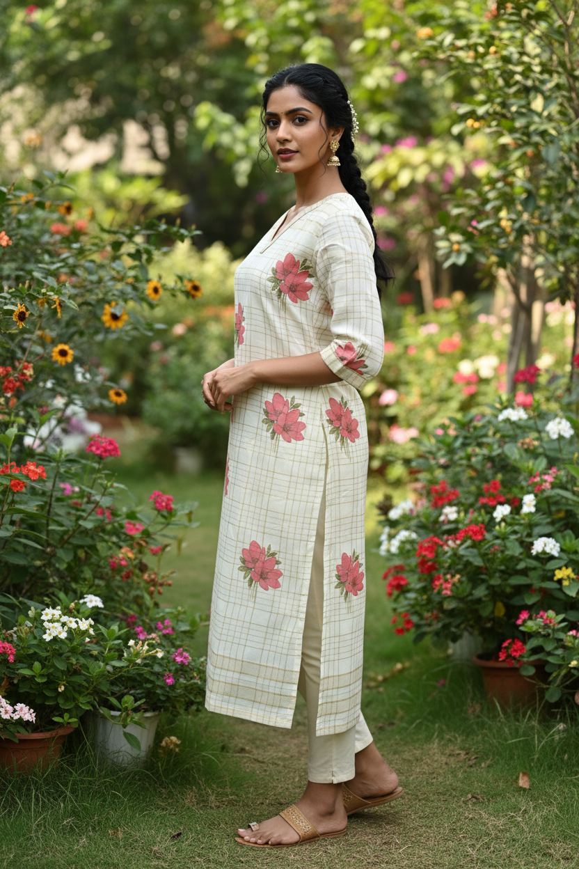 Cream Floral Kurti Side Profile - Slit Detail View