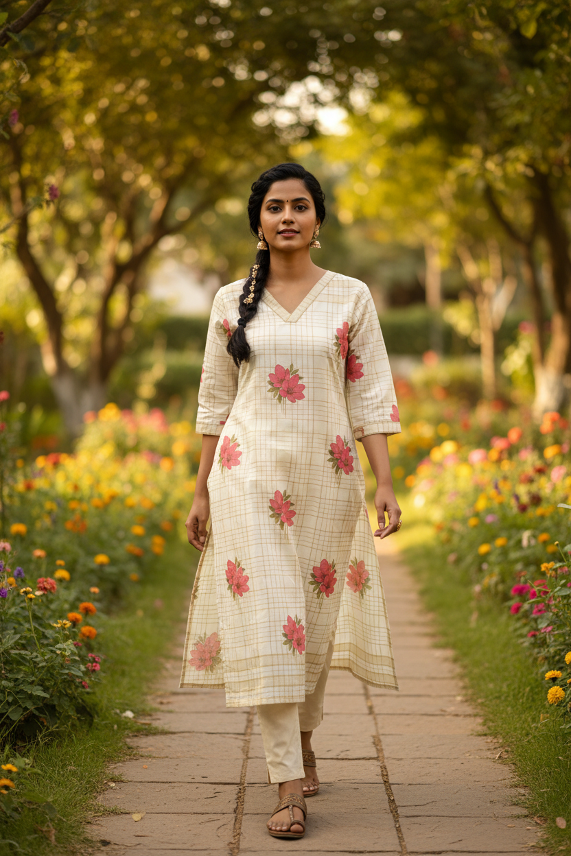Cream Floral Kurti Walking Pose - Lifestyle Fashion Photography
