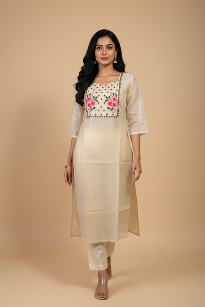 Cream Floral Kurti - Walking Pose