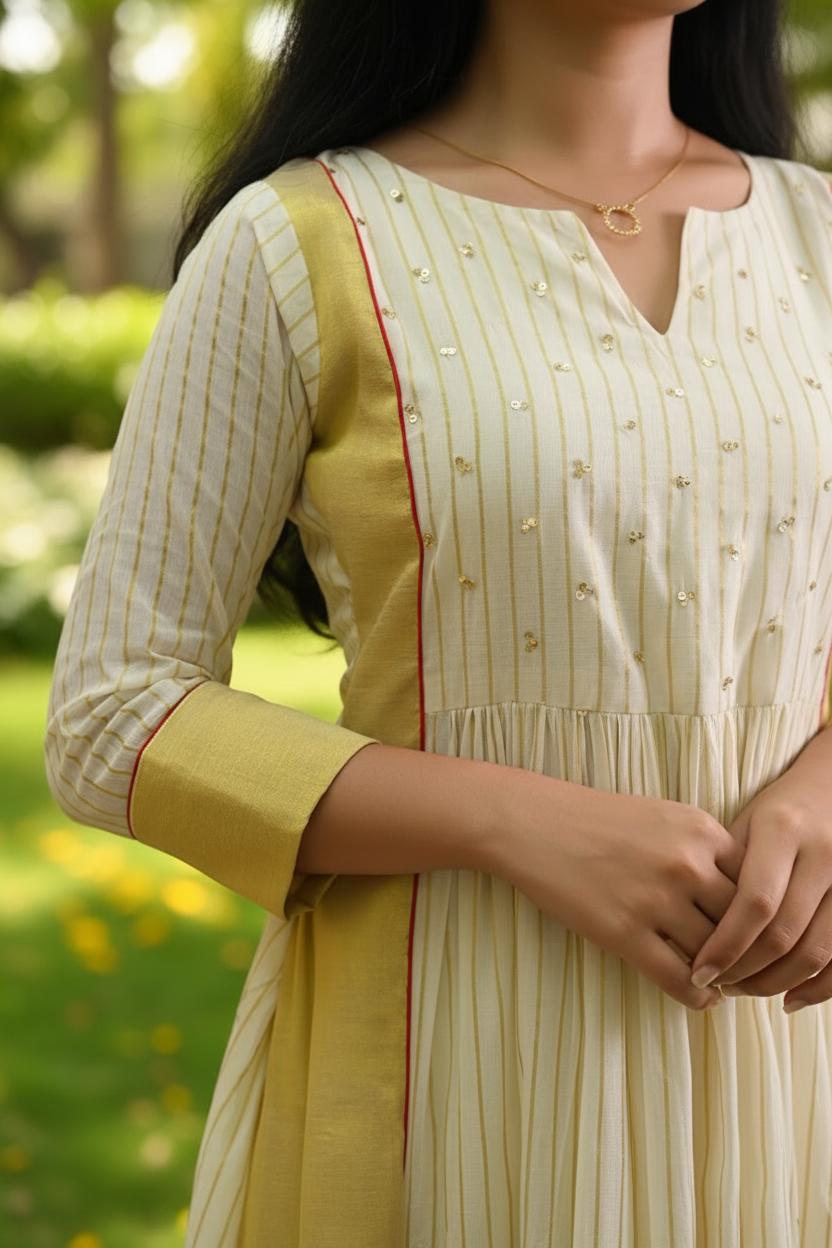 Cream & Gold Kurti Detail – Natural Background