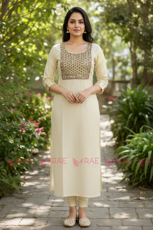 A woman stands outdoors on a paved garden path wearing a light cream kurta with a heavily embroidered gold and beige neckline, paired with matching pants and beige flat shoes. The background consists of lush green foliage and plants.