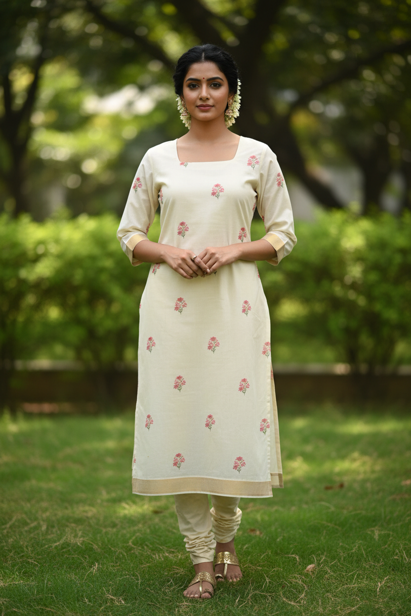 Cream Kasavu Kurti - Front Full Length