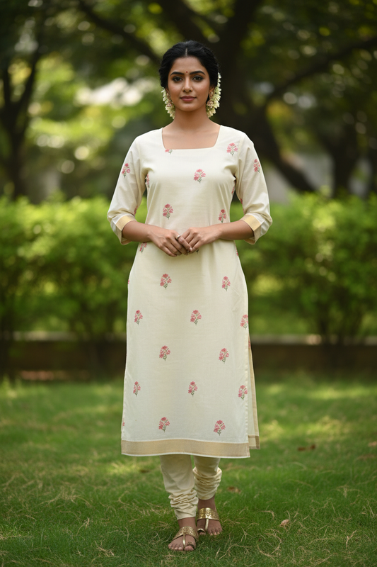 Cream Kasavu Kurti - Front Full Length