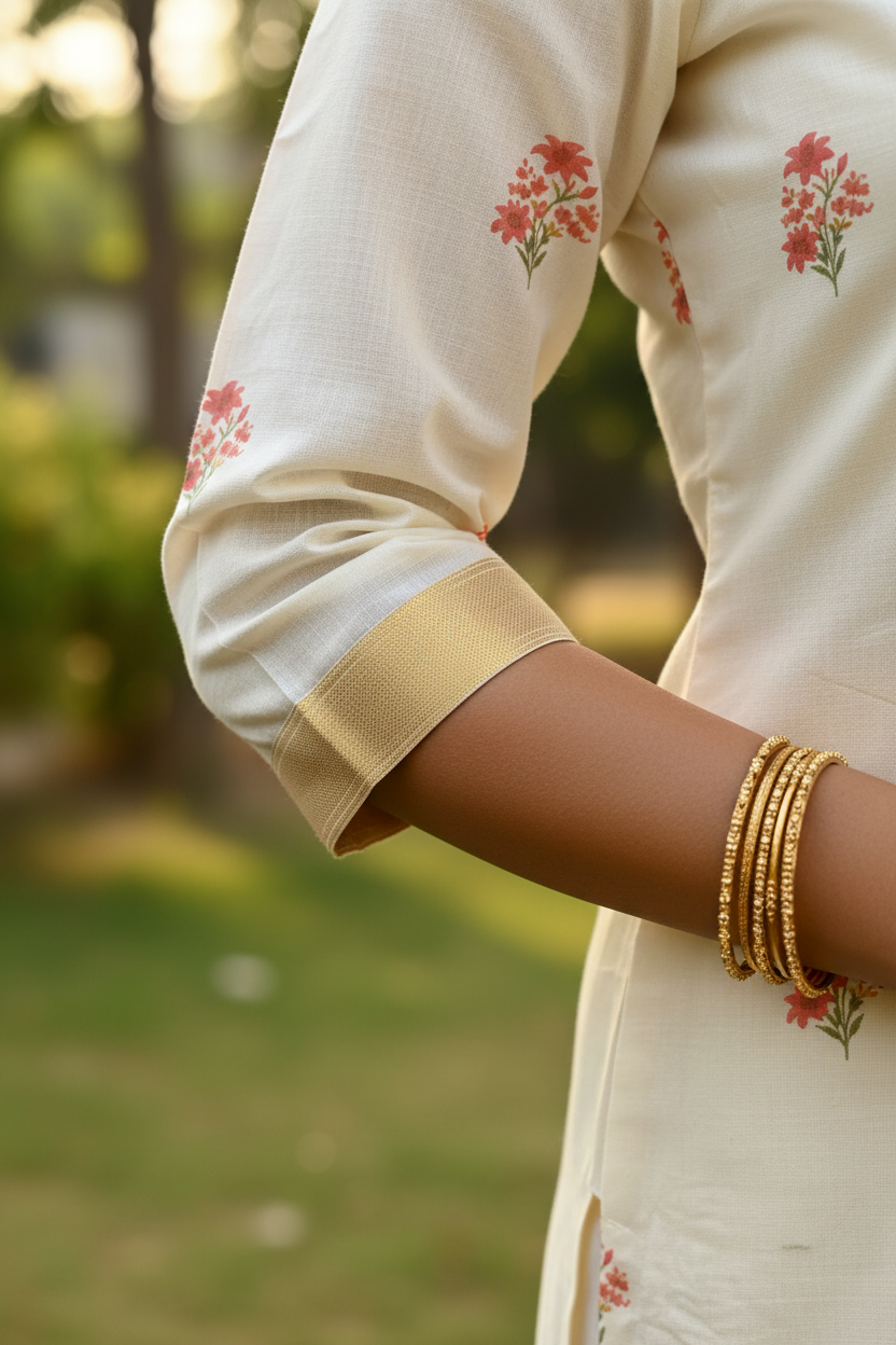 Cream Kasavu Kurti – Kasavu Border & Floral Print Detail | Handwork Close-up