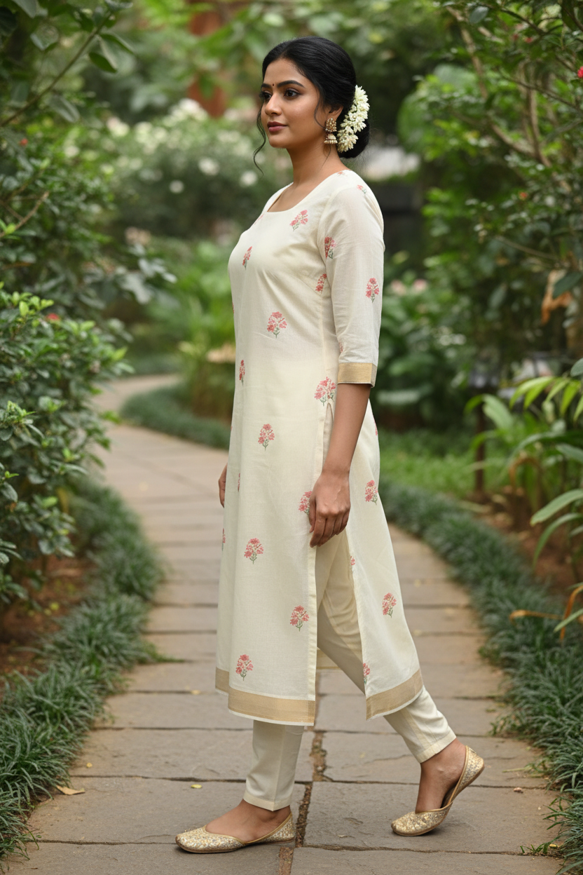 Cream Kasavu Kurti – Side Silhouette | Ethnic Wear Garden Photography