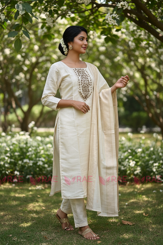 Cream Kerala Kasavu Salwar Suit Set | Tissue Silk Blend | Gold Bead & Sequin Handwork | Dupatta & Pant | 3-Piece