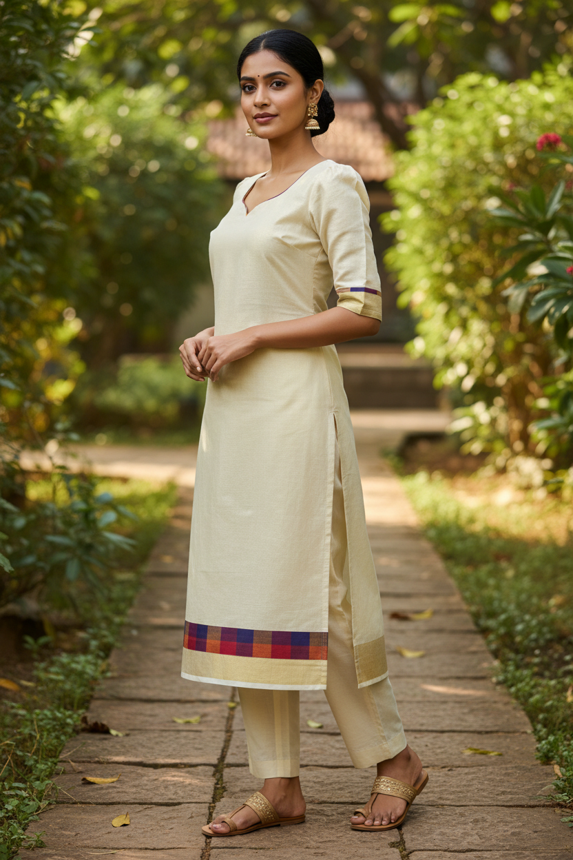Kerala Kasavu tissue kurti side pose - cream off-white with Madras checks border, garden setting, Indian model