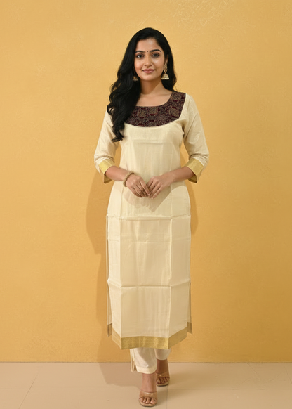 Cream Kerala Kasvu Kurti - Elegant Pose