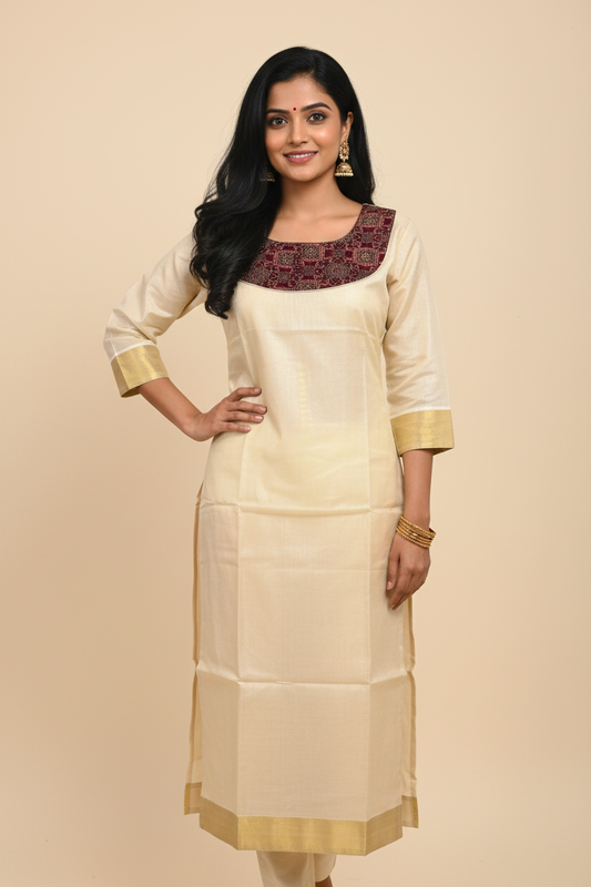 Cream Kerala Kasvu Kurti - Front Pose