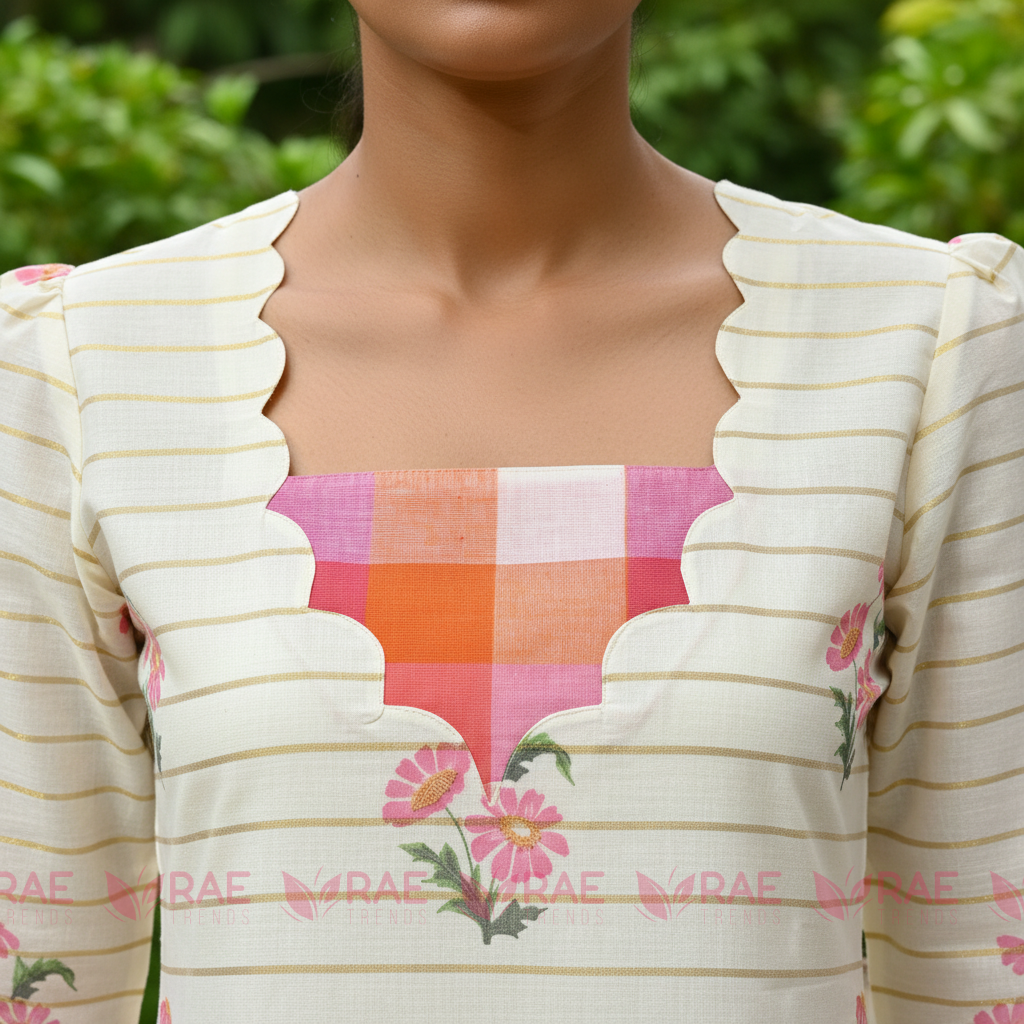 Cream Digital Print Cotton Kurti | Madras Check Scallop Yoke | Pink Floral | Slitted | 44 Inch