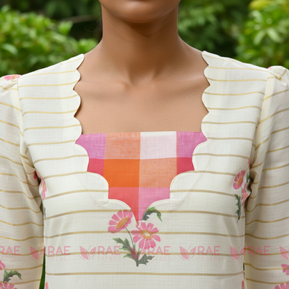 Cream Digital Print Cotton Kurti | Madras Check Scallop Yoke | Pink Floral | Slitted | 44 Inch