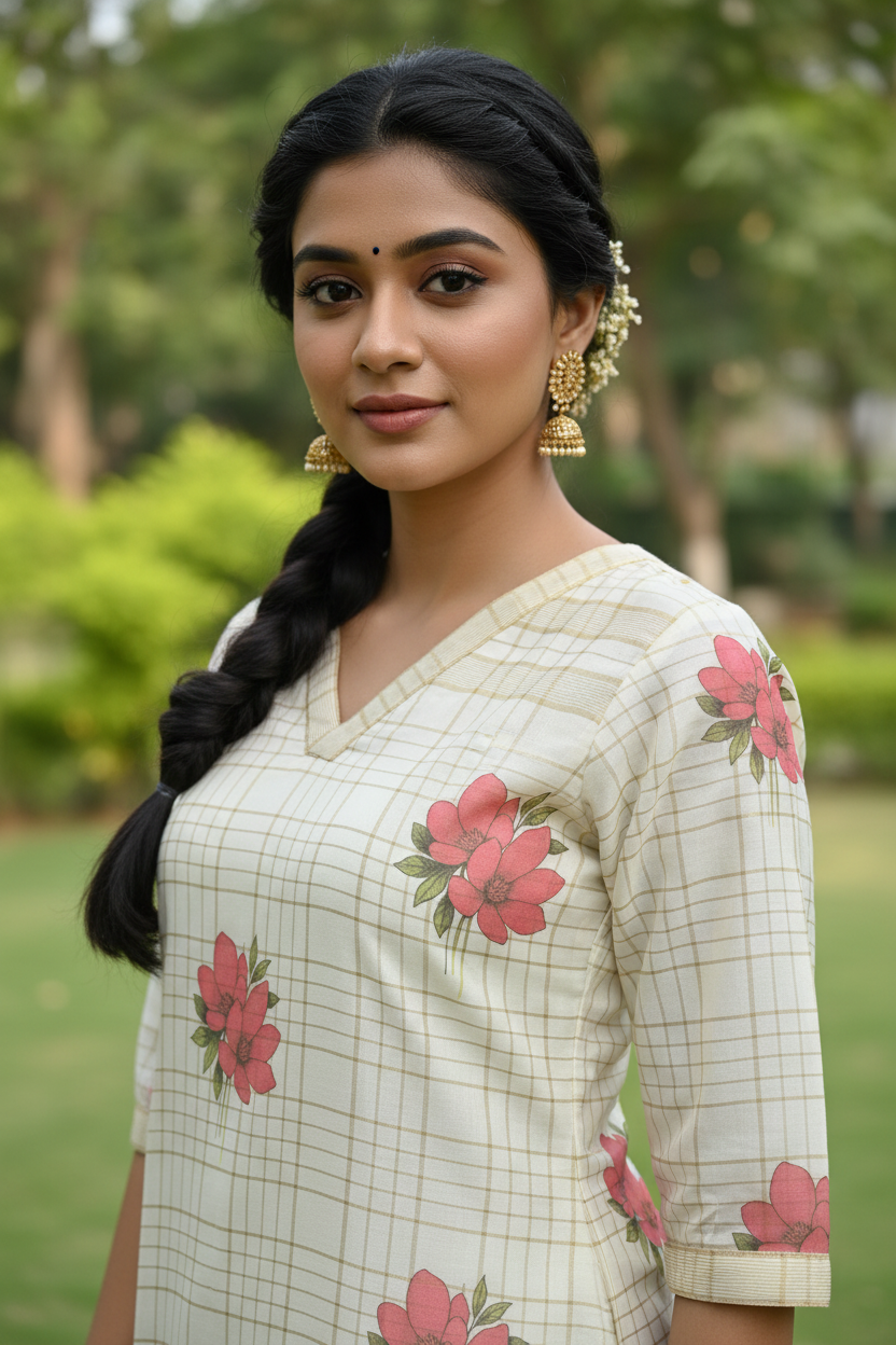 Cream Kurti Digital Print Detail - Pink Floral & Gold Check Close-Up