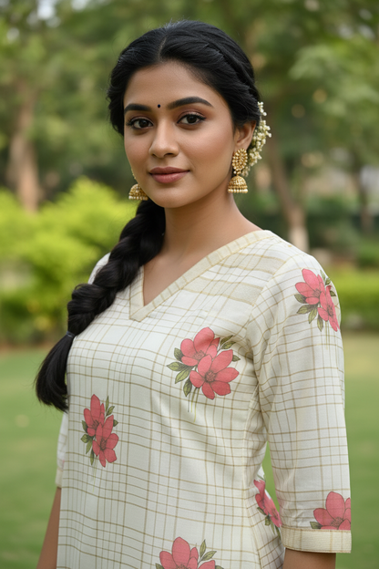 Cream Kurti Digital Print Detail - Pink Floral & Gold Check Close-Up