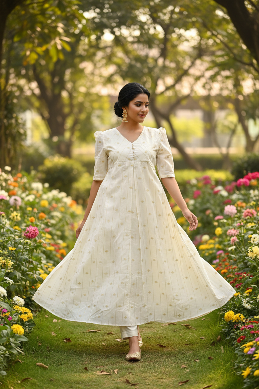 Cream Kurti Lifestyle Pose Indian Model Garden Walking Ethnic Fashion