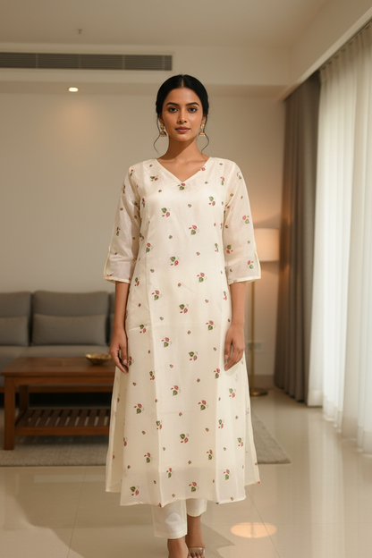 Cream Kurti No Slit - Front